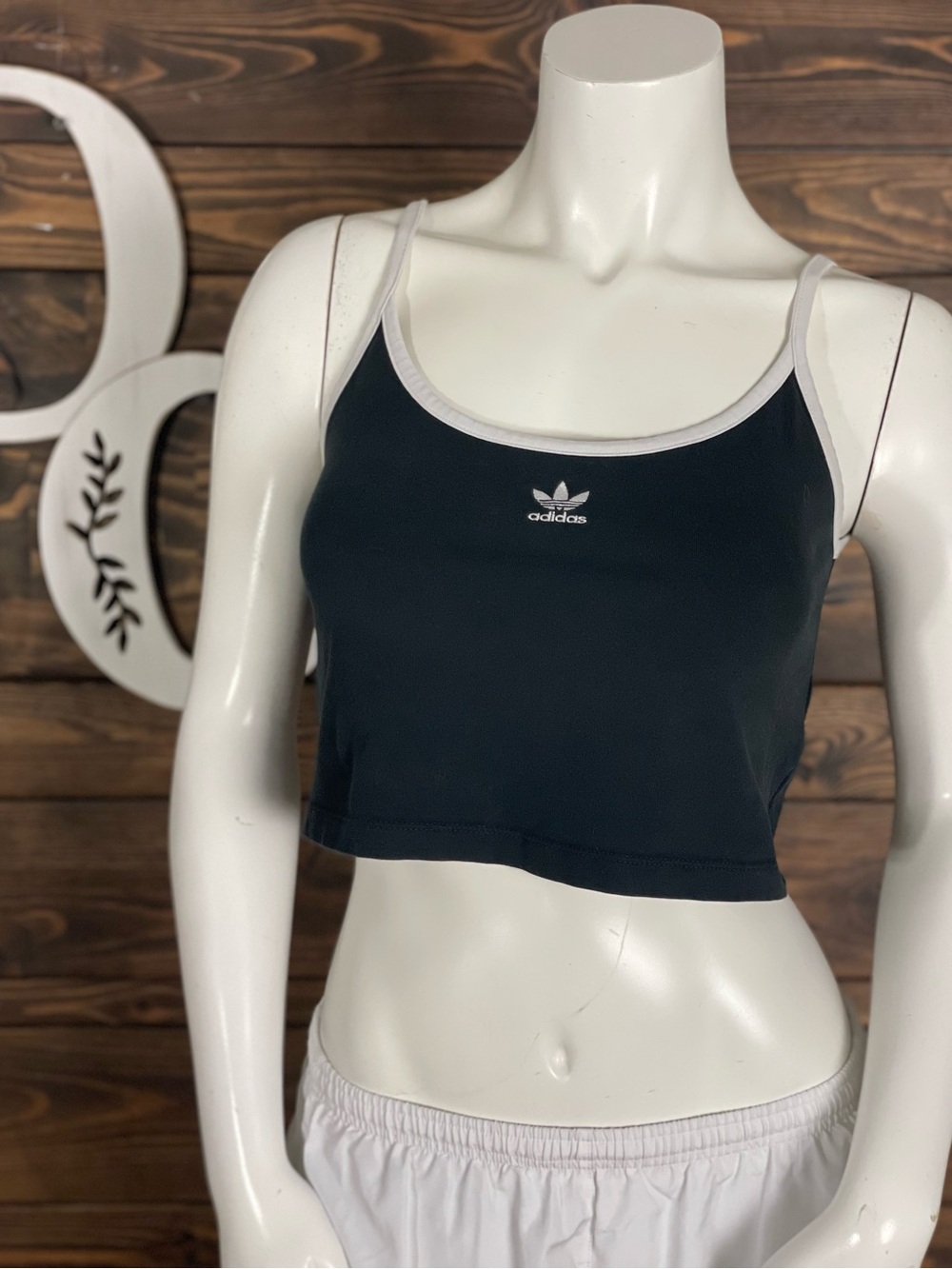 adidas | Black Crop Tank Top Contrasting White Trim Embroidered 3 Leaf Logo